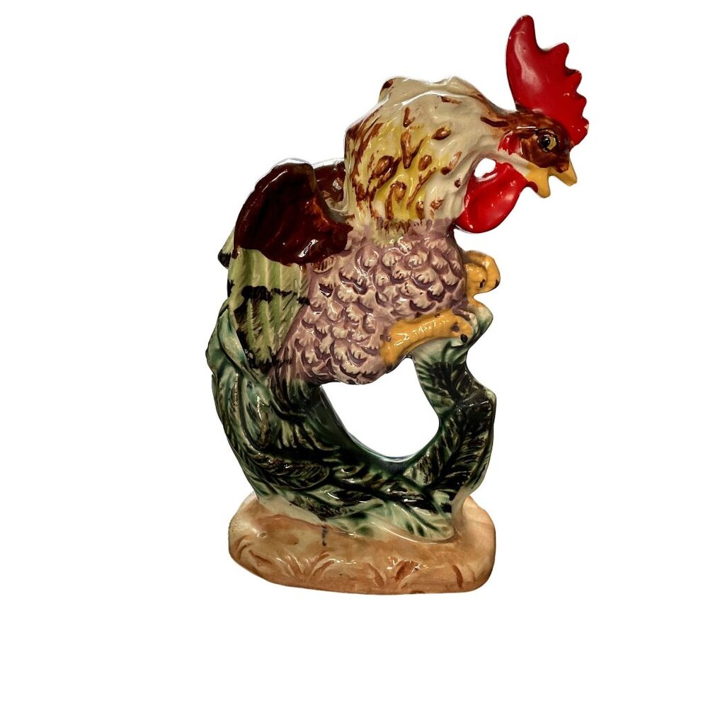 Ceramic Rooster Figurine Multicolor Hand-Painted Mid-Century Farmhouse Decor Vin